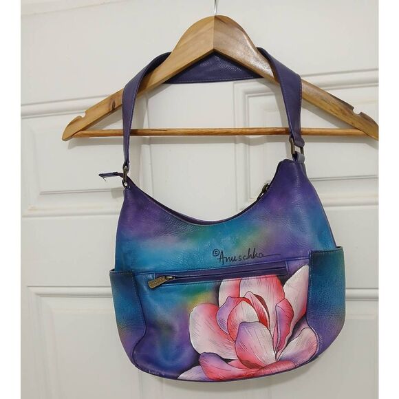Anuschka womens hand painted genuine leather handbag purple pink hobo bag - Picture 5 of 8